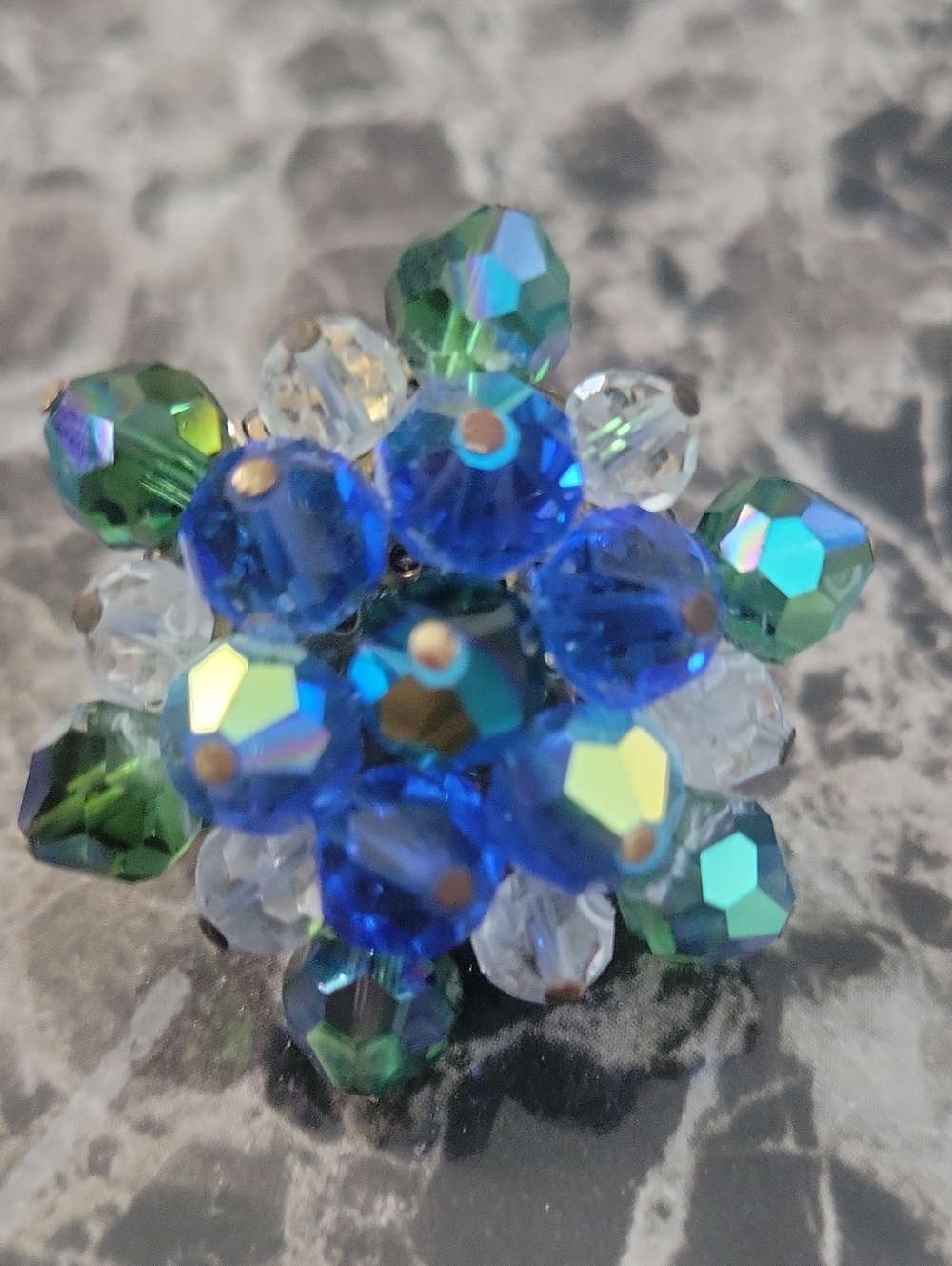 Vintage Japan Marked AB Crystals Blue Green cluster brooch